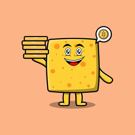 Cute cartoon cheese character holding in stacked gold coin vector illustration in concept 3d cartoonのイラスト素材