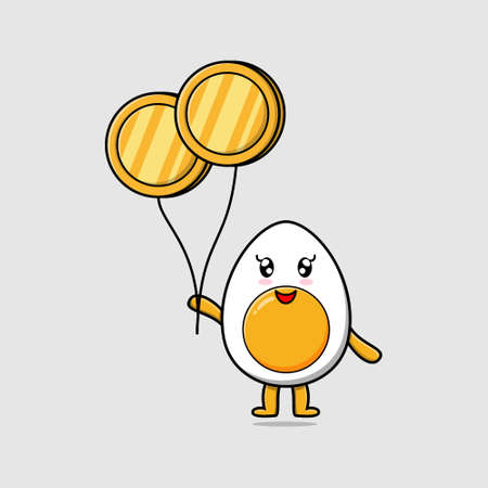 Cute cartoon boiled egg businessman floating with gold coin balloon cartoon vector illustrationのイラスト素材