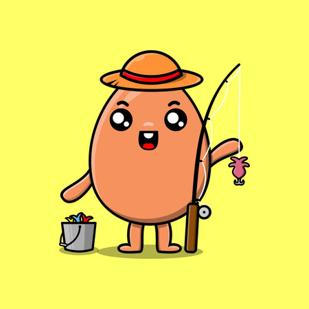 Cute cartoon brown cute egg ready fishing wearing fishing equipment cartoon characterのイラスト素材