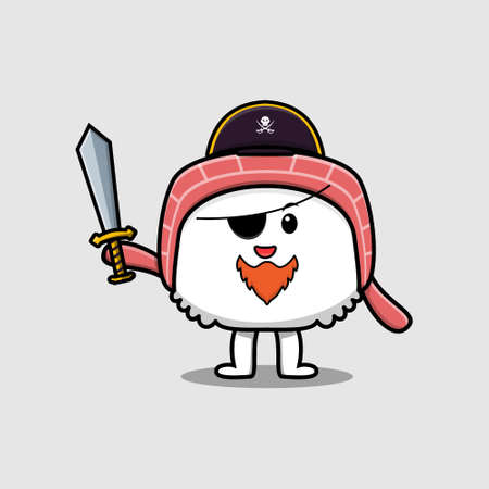 Cute cartoon mascot character sushi pirate with hat and holding sword in modern designのイラスト素材