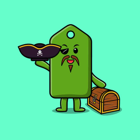 Cute cartoon character Price tag pirate with treasure box in modern style designのイラスト素材