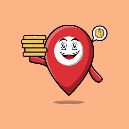 Cute cartoon pin location character holding in stacked gold coin vector illustrationのイラスト素材