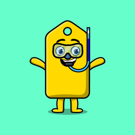 Cute cartoon price tag diver with swimming glass in flat modern style designのイラスト素材
