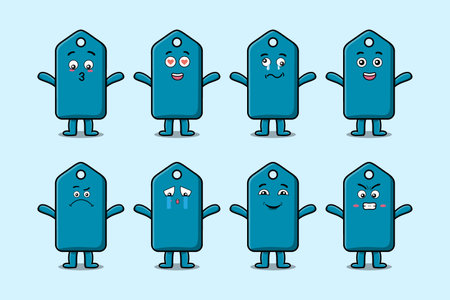 Set kawaii price tag cartoon character with different expressions cartoon face vector illustrationsのイラスト素材