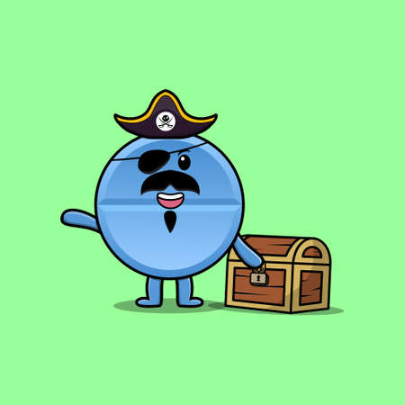 Cute cartoon character Pill medicine pirate with treasure box in modern style designのイラスト素材