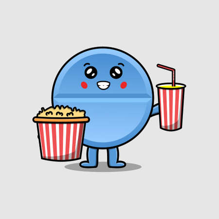 Cute cartoon pill medicine with popcorn and drink ready to watching film in cinema vector iconのイラスト素材