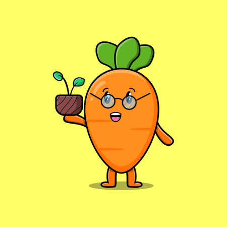 Cute cartoon carrot holding plant in a pot flat modern style designのイラスト素材