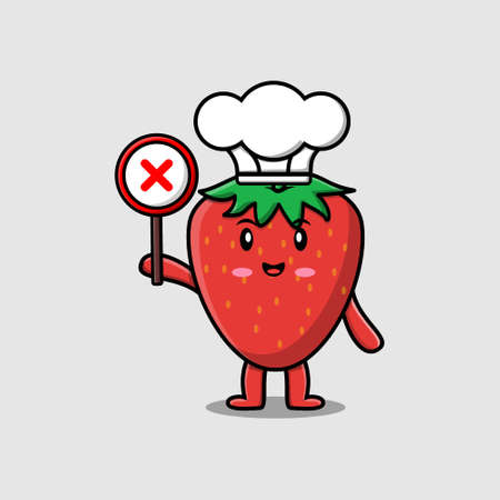 Cute cartoon strawberry chef character holding wrong sign board in vector character illustrationのイラスト素材