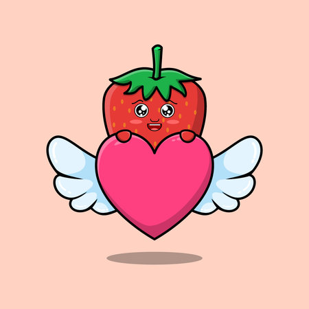 cute cartoon strawberry character hiding heart in flat cartoon style illustrationのイラスト素材