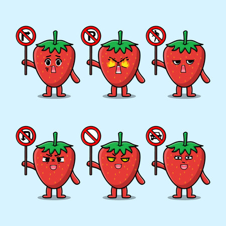 Cute strawberry cartoon character holding traffic sign in modern flat style designのイラスト素材