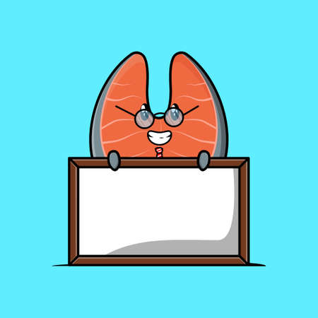 Cute cartoon fresh salmon teacher character with big whiteboard in flat cartoon style conceptのイラスト素材