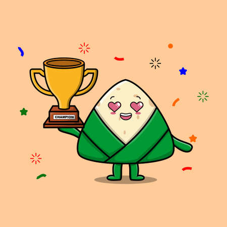 Cute Cartoon character illustration of chinese rice dumpling is holding up the golden trophyのイラスト素材