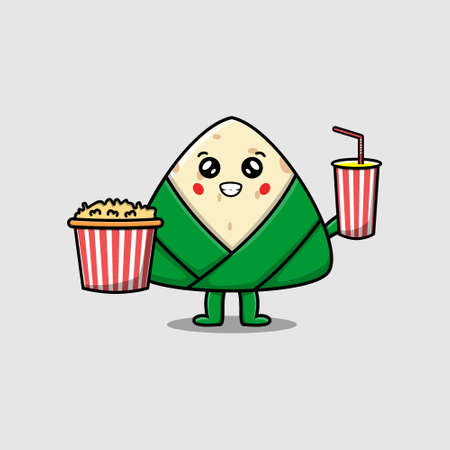 Cute cartoon chinese rice dumpling with popcorn and drink ready to watching film in cinemaのイラスト素材