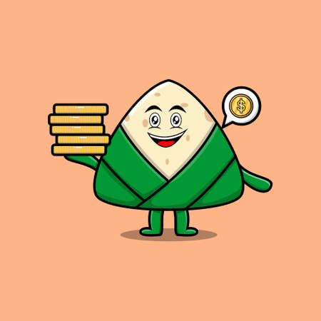 Cute cartoon chinese rice dumpling character holding in stacked gold coin in dragon boatのイラスト素材