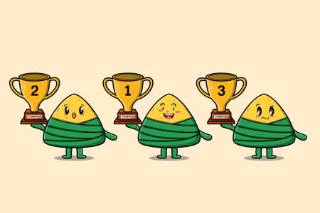 Set of cute cartoon chinese rice dumpling holding trophy with happy expression in flat modern styleのイラスト素材