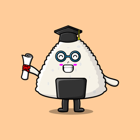 Cute cartoon rice japanese sushi student character on graduation day with togaのイラスト素材