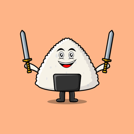 Cute cartoon Rice japanese sushi character holding two sword in flat modern designのイラスト素材