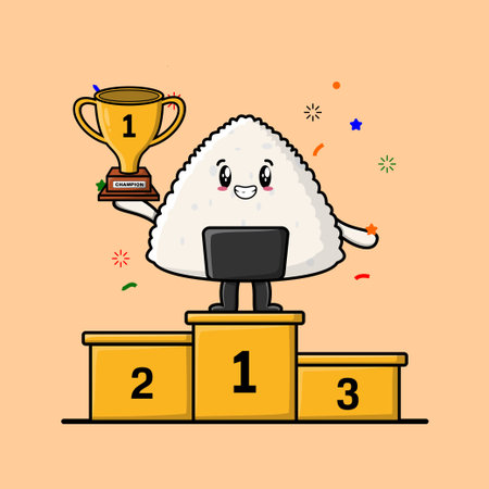 Cute cartoon Rice japanese sushi as the first winner with happy expression flat modern style designのイラスト素材