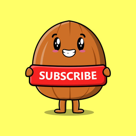 Cute cartoon almond nut character holding red subscribe board illustrationのイラスト素材