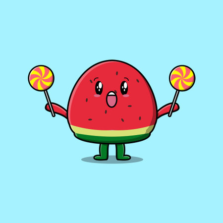 Cute cartoon watermelon character holding lollipop candy in flat cartoon illustrationのイラスト素材