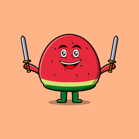 Cute cartoon watermelon character holding two sword in 3d modern design illustrationのイラスト素材