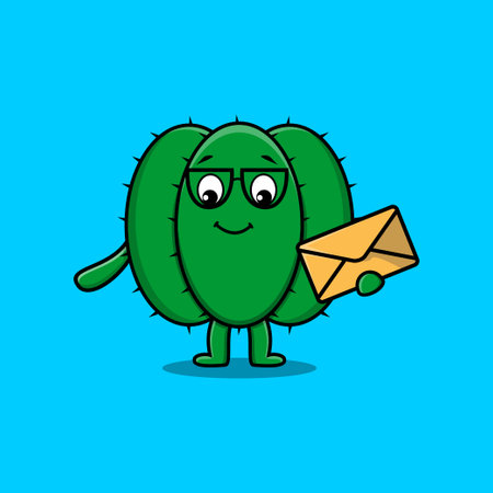 Cute cartoon cactus holding envelope with cartoon vector illustration styleのイラスト素材