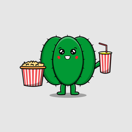 Cute cartoon Cactus with popcorn and drink ready to watching film in cinemaのイラスト素材