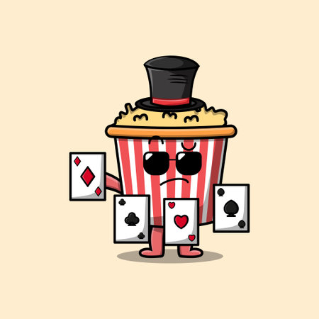 Cute cartoon Popcorn magician character playing magic cards in flat cartoon style illustrationのイラスト素材