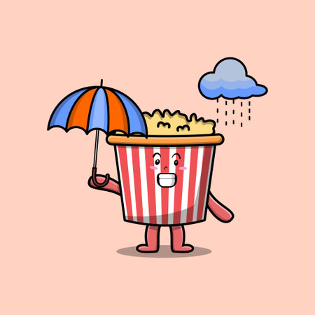 Cute cartoon Popcorn character in the rain and using an umbrella in flat modern style designのイラスト素材