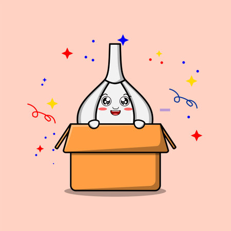 Cute cartoon Garlic character coming out from box in flat style cartoon vector icon illustrationのイラスト素材