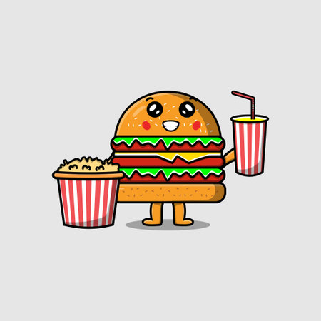 Cute cartoon Burger with popcorn and drink ready to watching film in cinema illustrationのイラスト素材