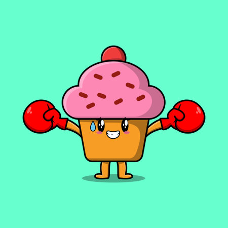 Cute Cupcake mascot cartoon playing sport with boxing gloves and cute stylish designのイラスト素材