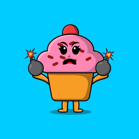 Cute cartoon Cupcake holding bomb with scared expression in flat modern style designのイラスト素材
