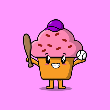 Cute cartoon Cupcake character playing baseball in modern style designのイラスト素材