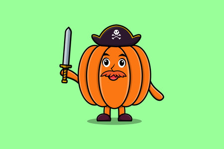 Cute cartoon mascot character Pumpkin pirate with hat and holding sword in modern designのイラスト素材