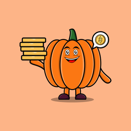 Cute cartoon Pumpkin character holding in stacked gold coin vector illustrationのイラスト素材