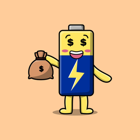 Cute cartoon Crazy rich Battery with money bag shaped funny in modern design illustrationのイラスト素材