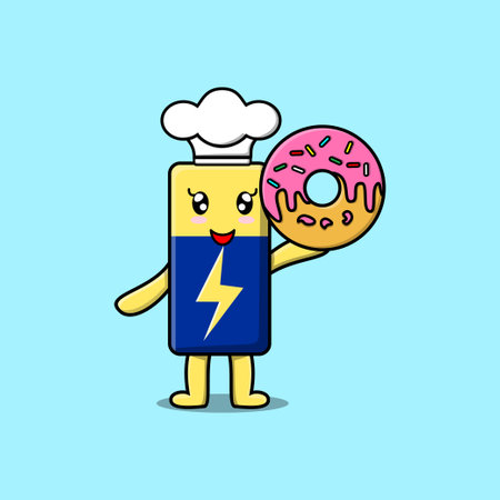 Cute cartoon Battery chef character donuts in flat cartoon style illustrationのイラスト素材