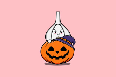 Cute cartoon illustration garlic character hiding in the scary pumpkin halloweenのイラスト素材