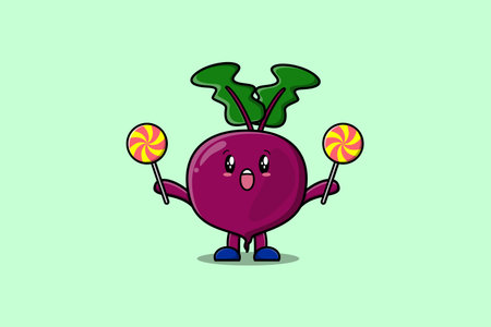 Cute cartoon Beetroot character holding lollipop candy in flat cartoon illustrationのイラスト素材
