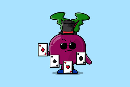Cute cartoon Beetroot magician character playing magic cards in flat cartoon style illustrationのイラスト素材