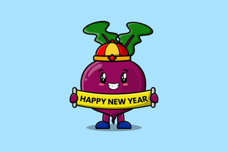 Cute cartoon Beetroot chinese character holding happy new year board illustrationのイラスト素材