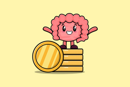 Cute cartoon Intestine character standing in stacked gold coin vector illustration in flat cartoonのイラスト素材