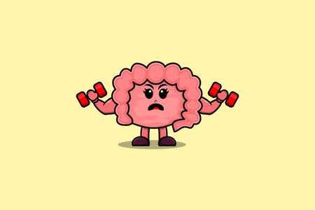 Cute cartoon Intestine character is fitness with barbell in modern style designのイラスト素材