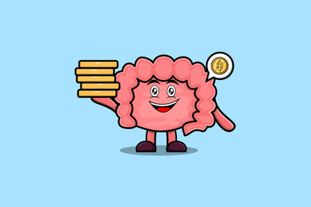 Cute cartoon Intestine character holding in stacked gold coin vector illustrationのイラスト素材