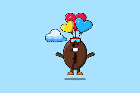 Cute cartoon Coffee beans mascot is skydiving with balloon and happy gesture cute modern styleのイラスト素材
