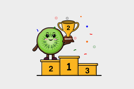 Cute cartoon Kiwi fruit character as the second winner with happy expression in modern illustrationのイラスト素材