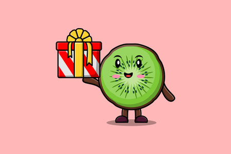 Cute cartoon Kiwi fruit character coming out from big gift box look so happy flat cartoon styleのイラスト素材