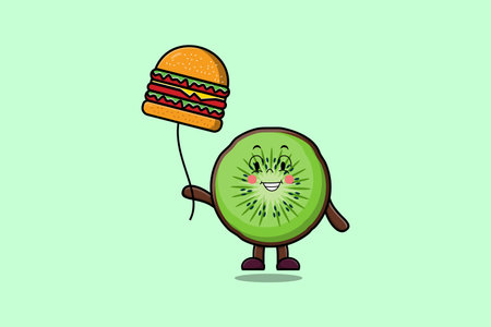 Cute cartoon Kiwi fruit floating with burger balloon in flat cartoon vector icon illustrationのイラスト素材