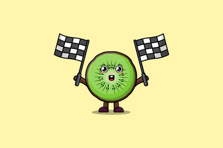 Illustration of cute Kiwi fruit cartoon character holding crossed checkered race flagのイラスト素材